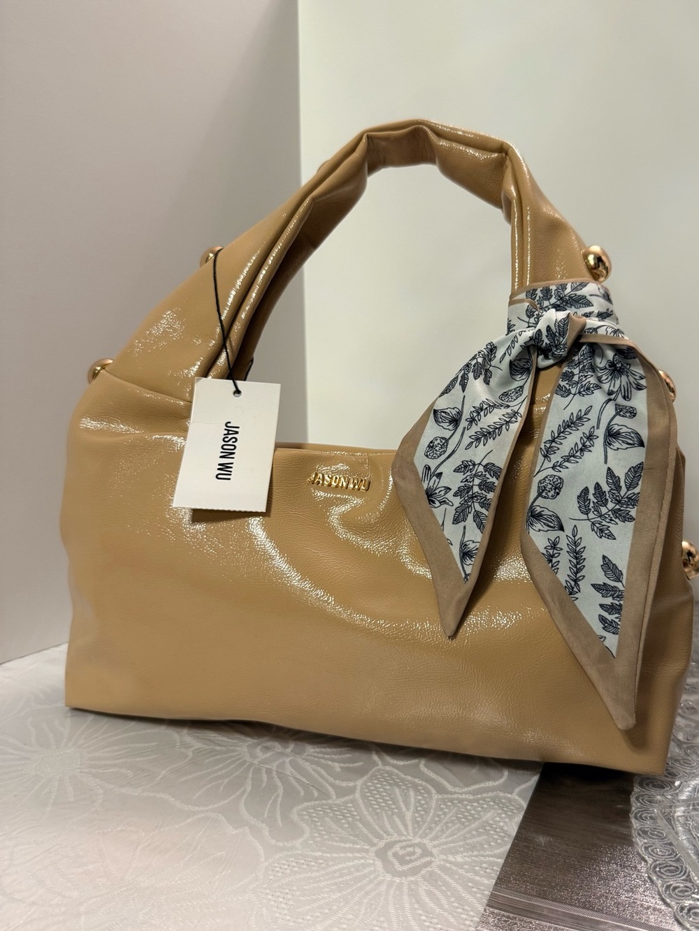 Jason Wu Glossy Tan Patent Shoulder Bag with Padded Top Handle